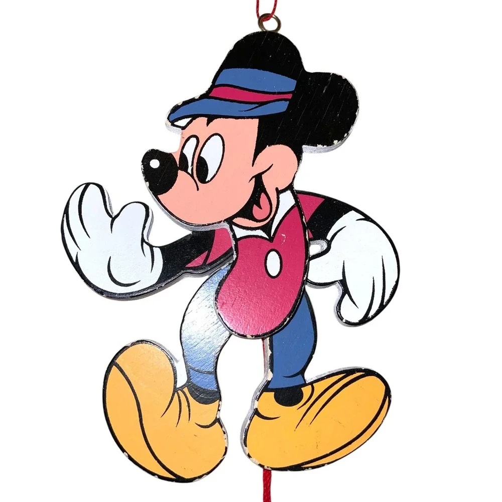 Vintage Walt Disney Mickey Mouse Wooden Pull String Puppet Christmas Ornament